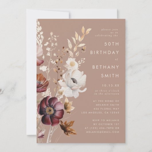 Boheemse Bloemen Herfst Taupe Verjaardagsfeest Kaart (Voorkant)