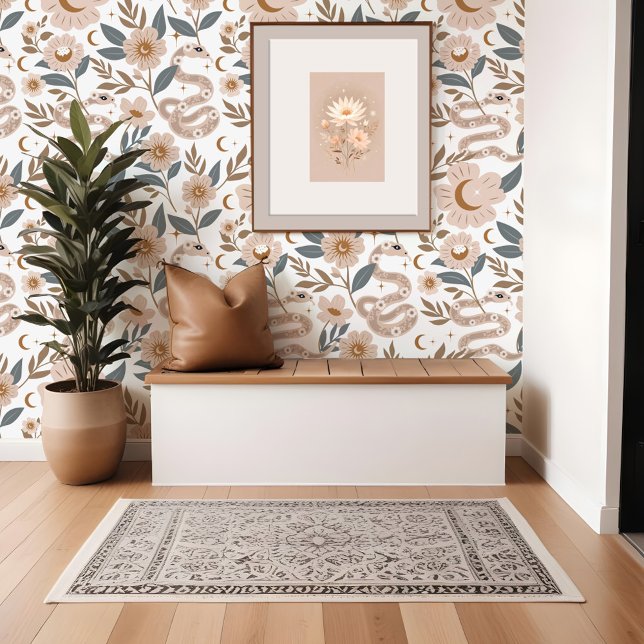Boheemse Bloemen Holistische Slang Zon & Maan Patr Behang (Bohemian Floral Holistic Snake Sun & Moon Pattern Wallpaper)