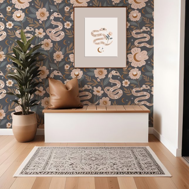 Boheemse Bloemen Holistische Slang Zon & Maan Patr Behang (Bohemian Floral Holistic Snake Sun & Moon Pattern Wallpaper)