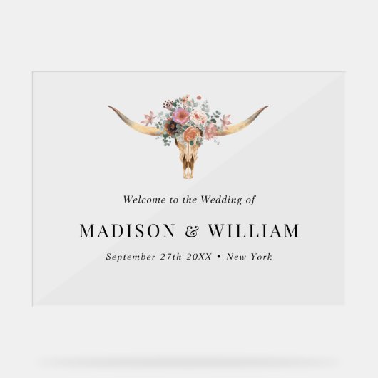 Boheemse Bloemen Koe Schedel Bruiloft Welkomstbord Acryl Bord (Voorkant)