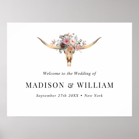 Boheemse Bloemen Koe Schedel Bruiloft Welkomstbord Poster (Voorkant)