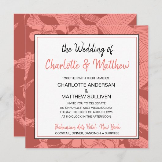 Boheemse Bloemen Koraal Watermerk Moderne Bruiloft Kaart (Voorkant / Achterkant)