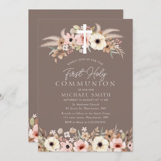 Boheemse Bloemen Moderne Eerste Communie Kaart (Voorkant / Achterkant)