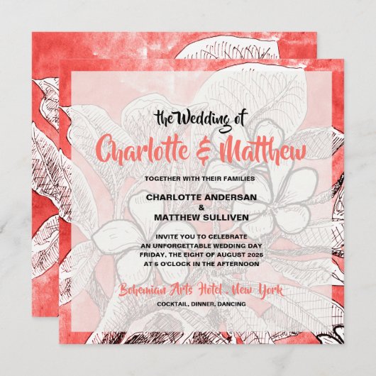 Boheemse bloemenkoraal roze waterverf bruiloft kaart (Voorkant / Achterkant)