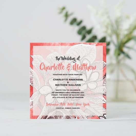 Boheemse bloemenkoraal roze waterverf bruiloft kaart (Staand voorkant)