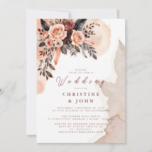 Boheemse bloemenperzik pampas gras bruiloft kaart (Voorkant)