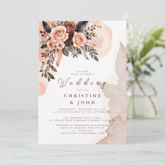 Boheemse bloemenperzik pampas gras bruiloft kaart (Staand voorkant)