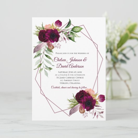 Boheemse bloemige romantische geometrische bruilof aankondiging (Staand voorkant)