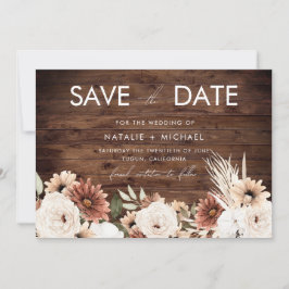Boheemse bloemrijke rustieke houten bruiloft save the date