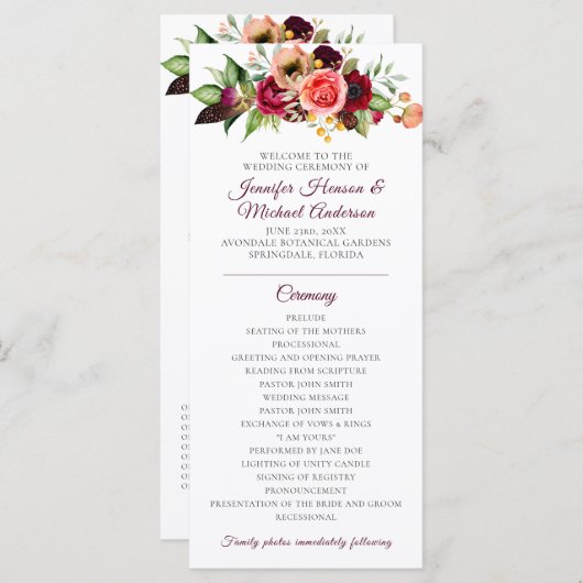 Boheemse Bloemrijke Trouwprogramma Romantische Bru Programmakaart (Voorkant / Achterkant)