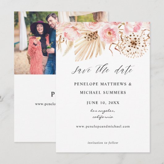 Boheemse Blush Roze Bloemen Save The Date (Voorkant / Achterkant)