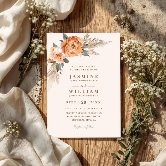 Boheemse Boeket Rustieke Elegante QR Code Bruiloft Kaart