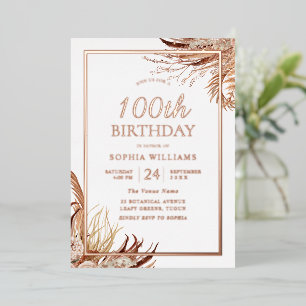 Boheemse Boho 100ste verjaardagsfeest Roze Goud Folie Uitnodiging