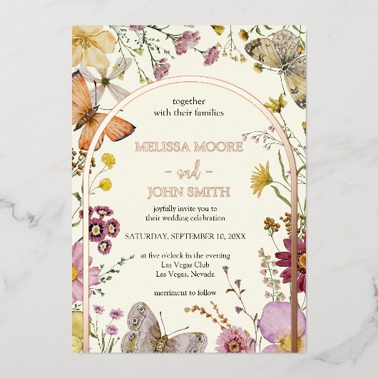 Boheemse Boho Wildflower bruiloft Folie Uitnodiging (Voorkant)