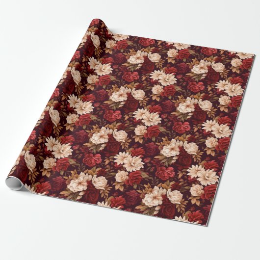 Boheemse bordeaux beige bloemen cadeaupapier (Uitgerold)