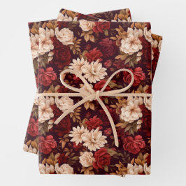 Boheemse bordeaux beige bloemen inpakpapier vel