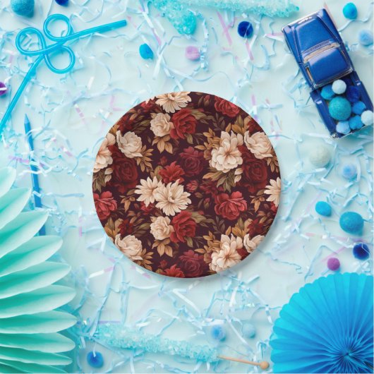 Boheemse bordeaux beige bloemen papieren bordje (Feest)