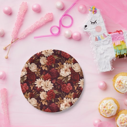 Boheemse bordeaux beige bloemen papieren bordje (Feest)