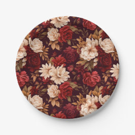 Boheemse bordeaux beige bloemen papieren bordje