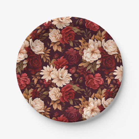 Boheemse bordeaux beige bloemen papieren bordje (Voorkant)