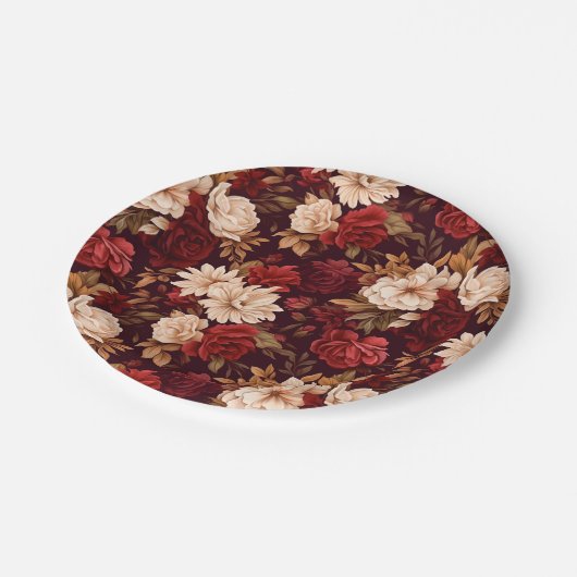 Boheemse bordeaux beige bloemen papieren bordje (Gekanteld)