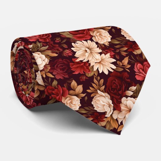 Boheemse bordeaux beige bloemen stropdas (Opgerold)