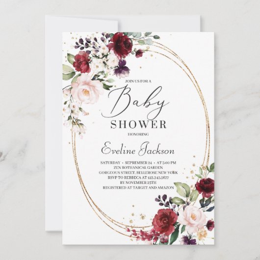 Boheemse bordeaux blos roze gouden baby shower kaart (Voorkant)