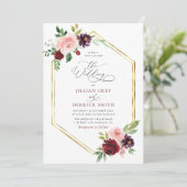 Boheemse Bourgondische blos bloemenbruiloft uitnod Kaart (Staand voorkant)