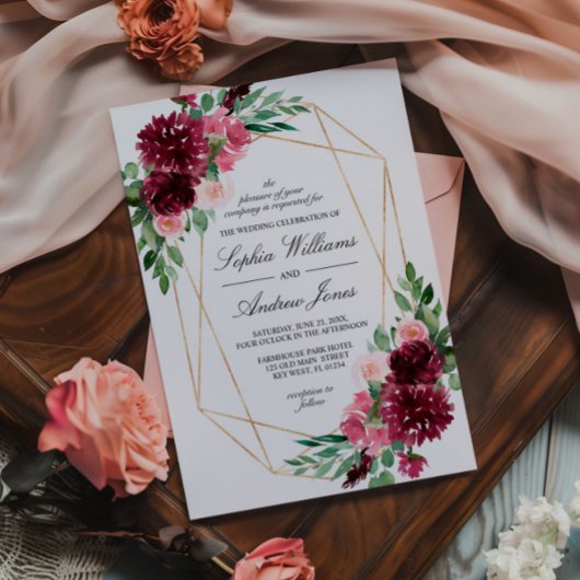 Boheemse Bourgondische Roos Bloemen Huwelijksuitno Kaart