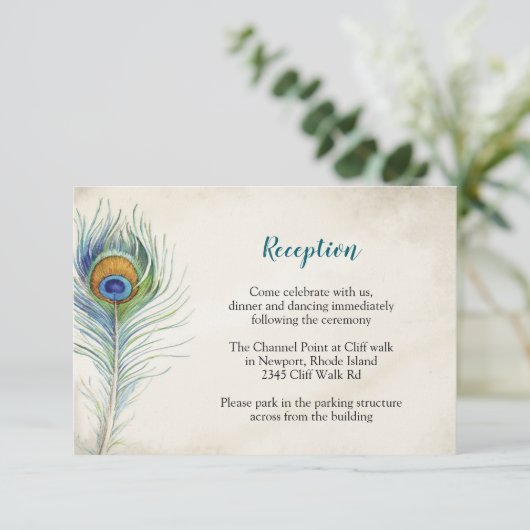 Boheemse bruiloft receptie pauwenveer informatiekaartje (Staand voorkant)