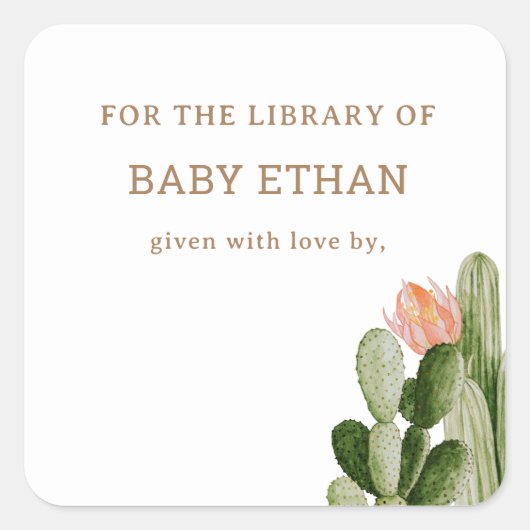 Boheemse Cactus Baby Shower Boeken Bibliotheek Vierkante Sticker (Voorkant)
