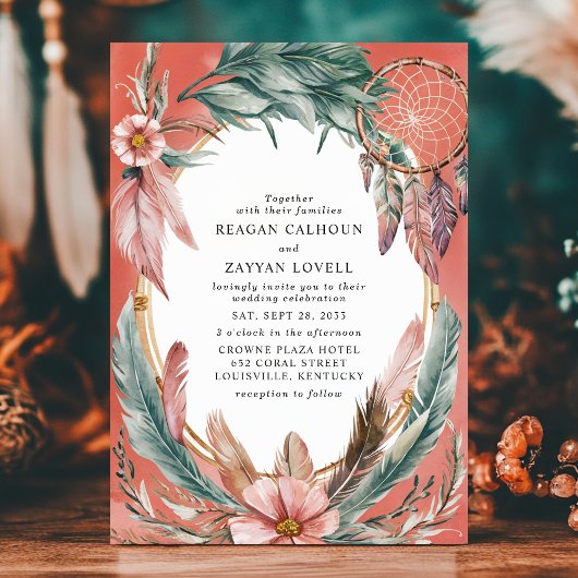 Boheemse Dreamcatcher en Feather Wreath Wedding Kaart
