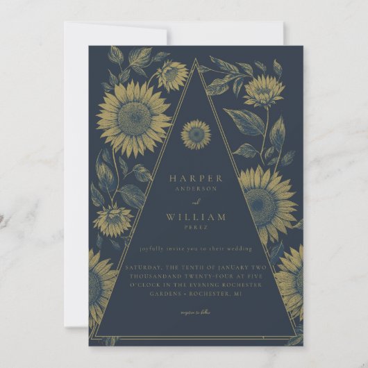 Boheemse driehoek zonnebloem marine blauwe bruilof kaart (Voorkant)