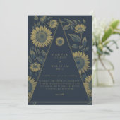 Boheemse driehoek zonnebloem marine blauwe bruilof kaart (Staand voorkant)