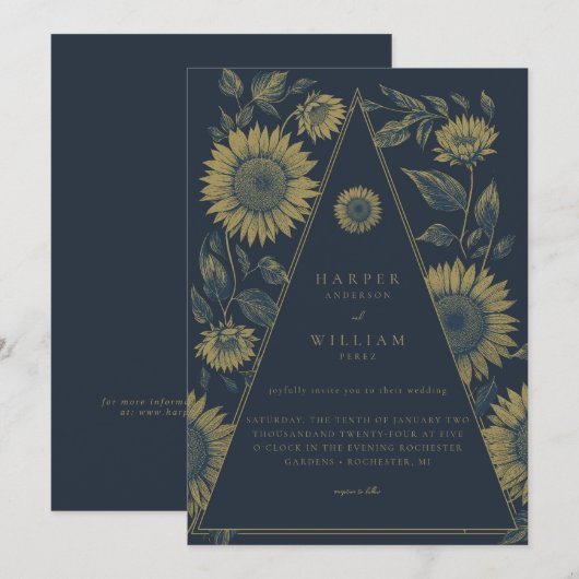 Boheemse driehoek zonnebloem marine blauwe bruilof kaart (Voorkant / Achterkant)