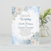 Boheemse Dusty Blue Ivory Roos Flowers Wedding Kaart (Staand voorkant)