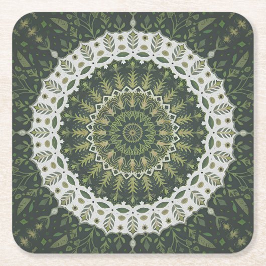 Boheemse eclectische stijl groene blad mandala kartonnen onderzetters (Voorkant)