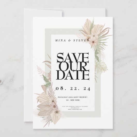 Boheemse elegant groene bloemige bruiloft  save the date (Voorkant)