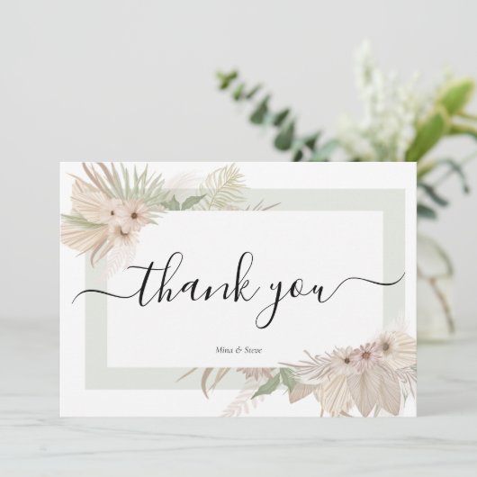 Boheemse elegantie groen bloemenbruiloft bedankkaart (Staand voorkant)