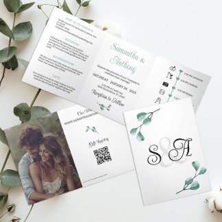 Boheemse Eucalyptus Monogram Huwelijksuitnodiging Drieluik Kaart