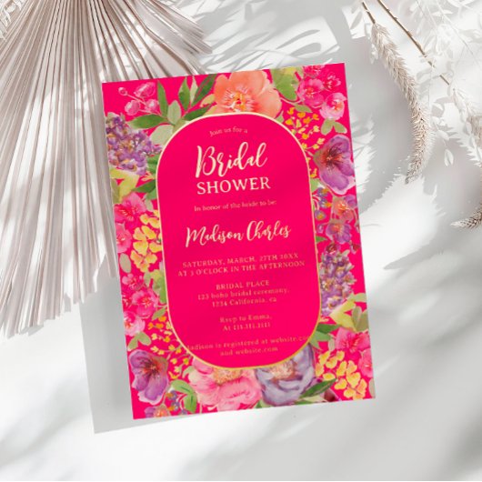 Boheemse felle bloemenboog script vrijgezellenfees folie uitnodiging