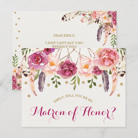Boheemse Floral Dreamcatcher Matron of Honor Kaart (Voorkant / Achterkant)