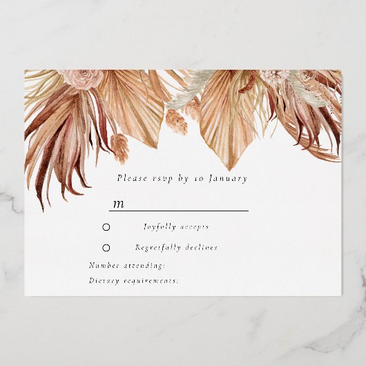 Boheemse gedroogde bloemen bruiloft roze gouden fo folie uitnodiging (Achterkant)