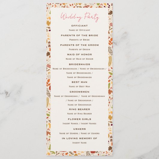 Boheemse Gedroogde Rustieke Bloemen Herfst Herfste Programmakaart (Achterkant)