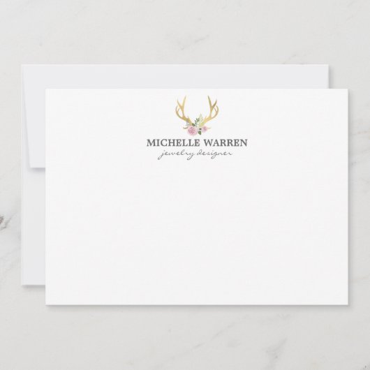 Boheemse Gouden Antlers met Bloemen Platte Notecar Notitiekaartje (Voorkant)