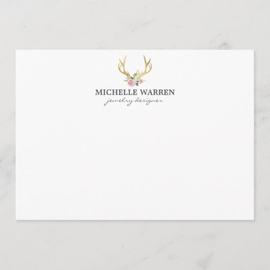 Boheemse Gouden Antlers met Bloemen Platte Notecar Notitiekaartje (Voorkant)