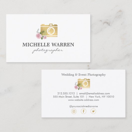 Boheemse gouden camera bloemen fotograaf visitekaartje (Voorkant / Achterkant)