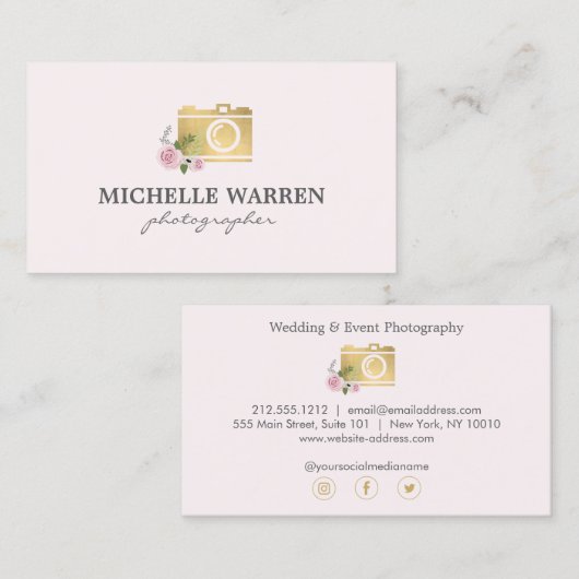 Boheemse gouden camera bloemen roze fotograaf visitekaartje (Voorkant / Achterkant)