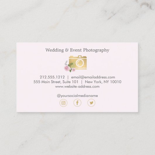 Boheemse gouden camera bloemen roze fotograaf visitekaartje (Achterkant)