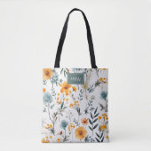 Boheemse Grijs, Salie & Goud Bloemen Monogram Tote Bag (Voorkant)